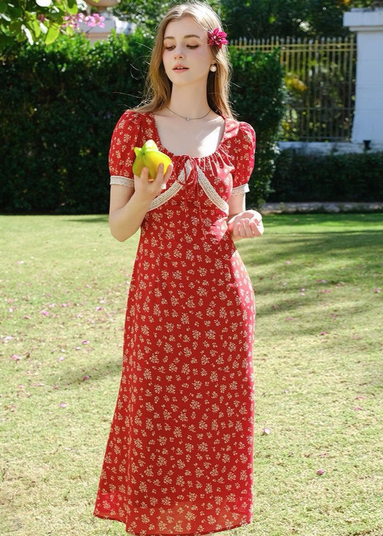 Rosara - Red Puff Sleeve Midi Dress With Print