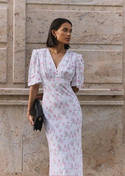 Blossom Grace - Pink Midi Dress With Puff Sleeves
