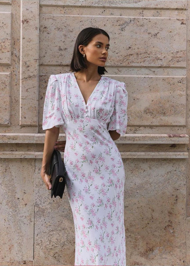Blossom Grace - Pink Midi Dress With Puff Sleeves