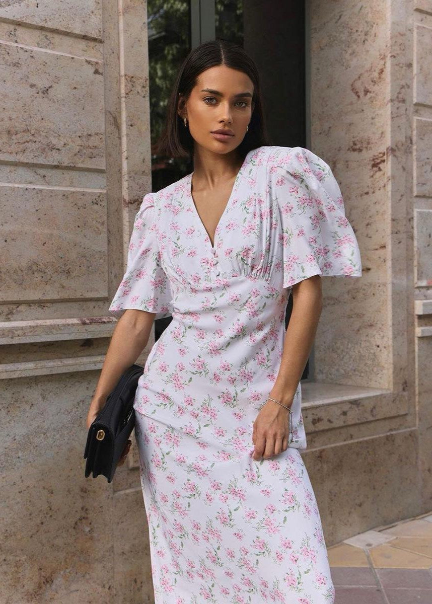 Blossom Grace - Pink Midi Dress With Puff Sleeves