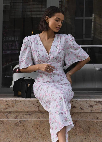 Blossom Grace - Pink Midi Dress With Puff Sleeves