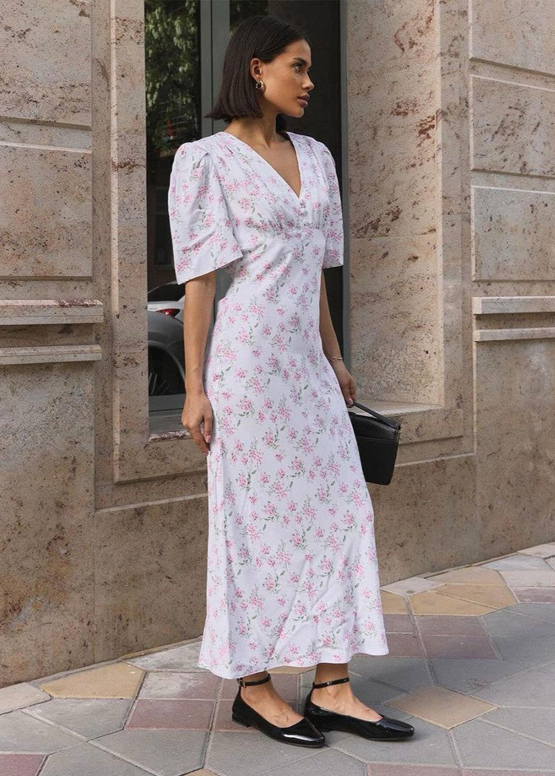Blossom Grace - Pink Midi Dress With Puff Sleeves