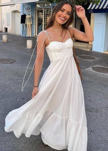 Santorini Breeze - Flowy Maxi Dress With Tie Straps