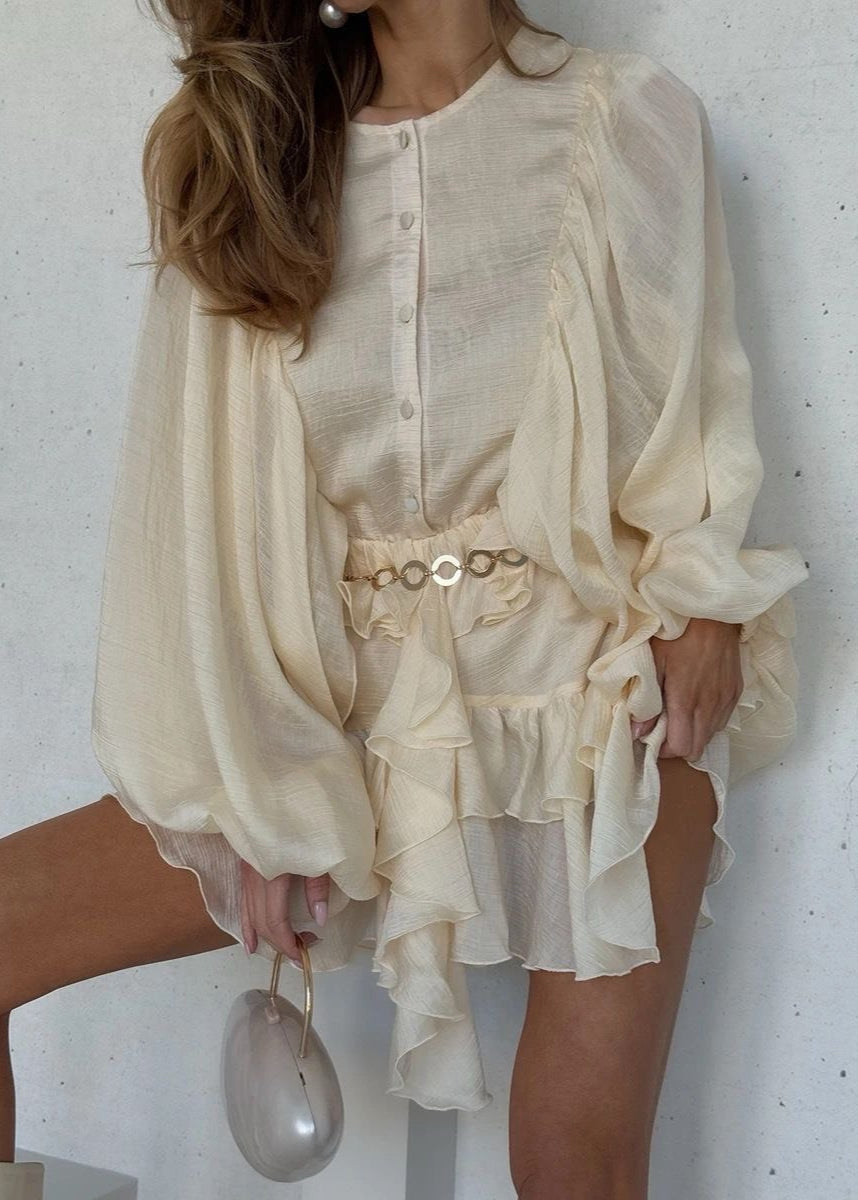 Aveline - Ruffled Organza Mini Dress With Flowing Sleeves