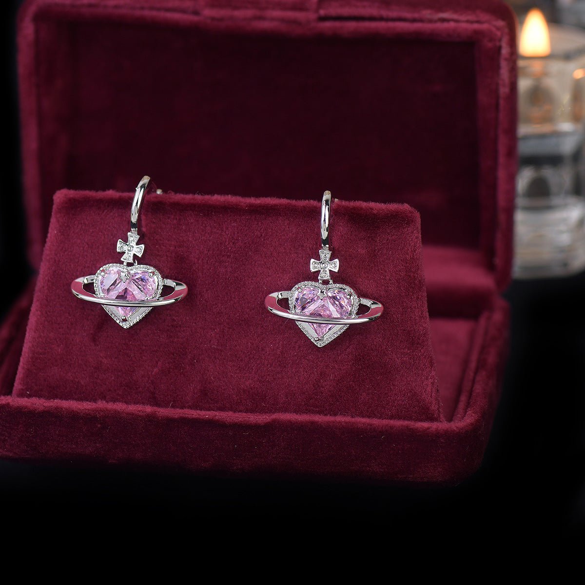 [] Pink Heart Huggie Earrings