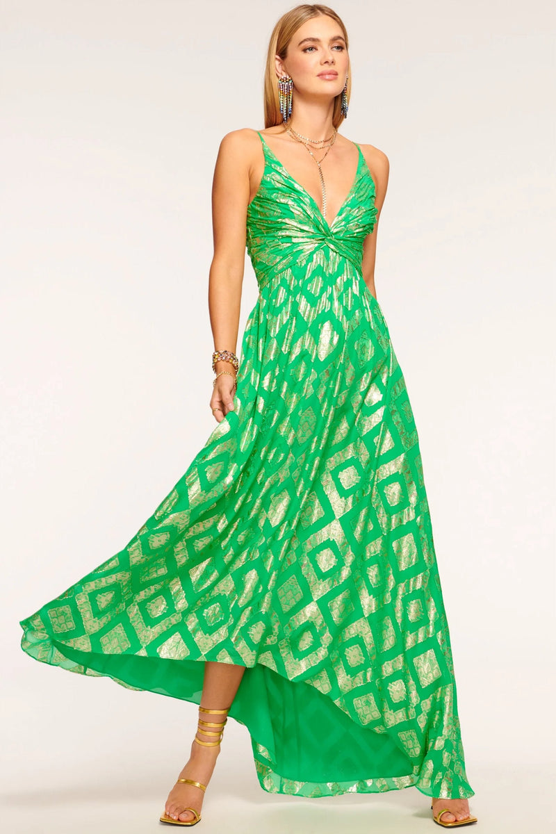 Metallic V-neck Maxi Dress Green