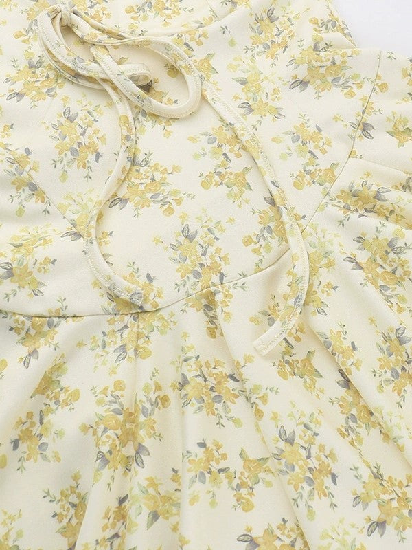 Yellow French Deep V Bubble Short Sleeve Mini Dress