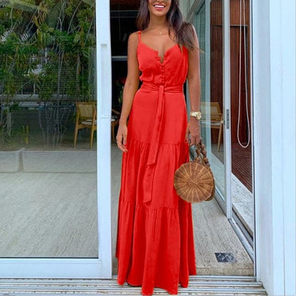 V Neck Tunic Ruffles Maxi Dress