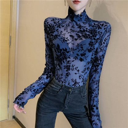 Transparent Flocking Mesh Blouses Shirts Tees Female Turtleneck Full Sleeve Blouses Tops for