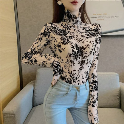 Transparent Flocking Mesh Blouses Shirts Tees Female Turtleneck Full Sleeve Blouses Tops for