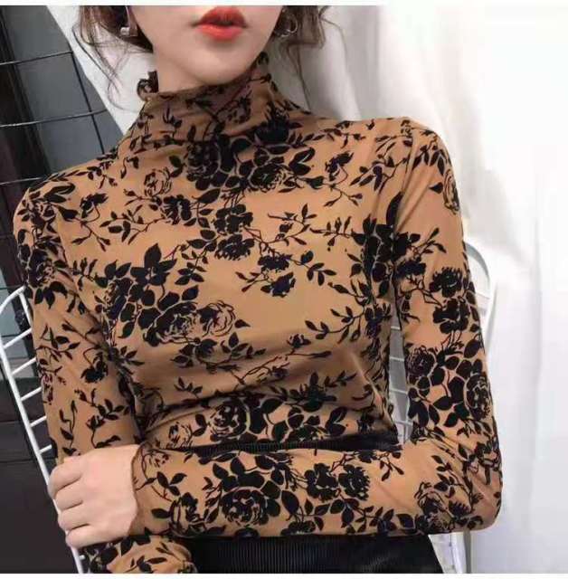 Transparent Flocking Mesh Blouses Shirts Tees Female Turtleneck Full Sleeve Blouses Tops for