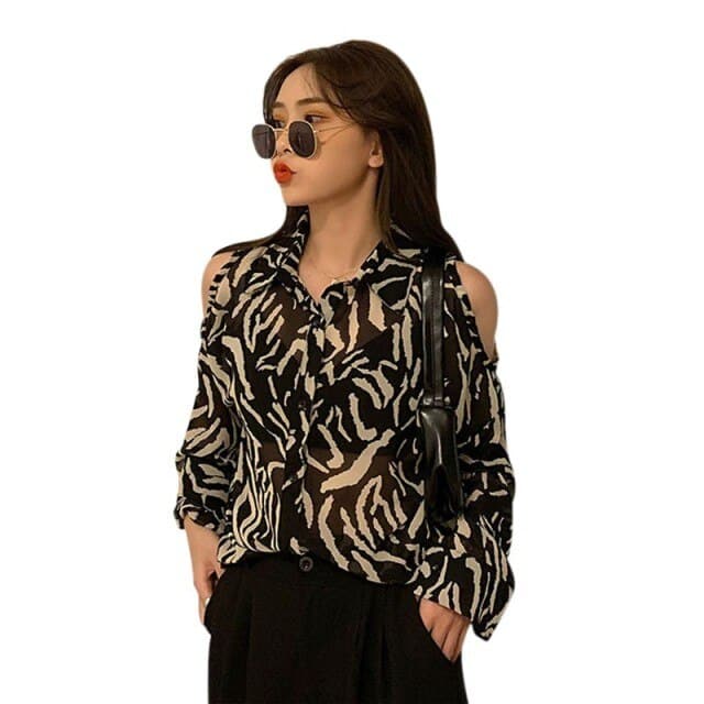 Printed Shirt Off the Shoulder Blouses Loose Long-sleeved Shirt Retro Female Blouses