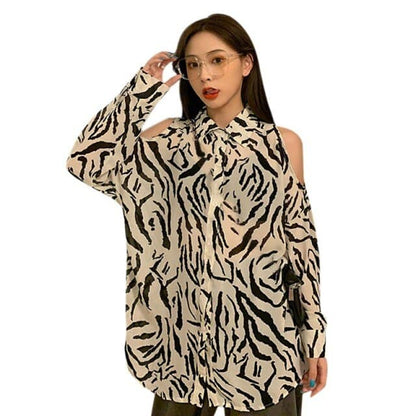 Printed Shirt Off the Shoulder Blouses Loose Long-sleeved Shirt Retro Female Blouses