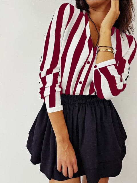 Summer Striped Shirt Black White V Neck Button Blouse Ol Loose Tops