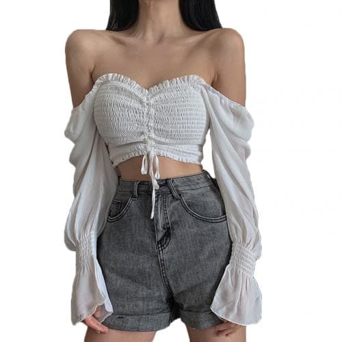 Tops and Bloues Long Sleeve Square Neck Shirt Drawstring Off Shoulder Blouse Crop Top