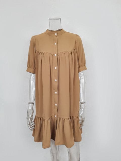 Ruffled Front Button A-line Dress Long Sleeve Stand Collar Mini Dress Autumn New Dress