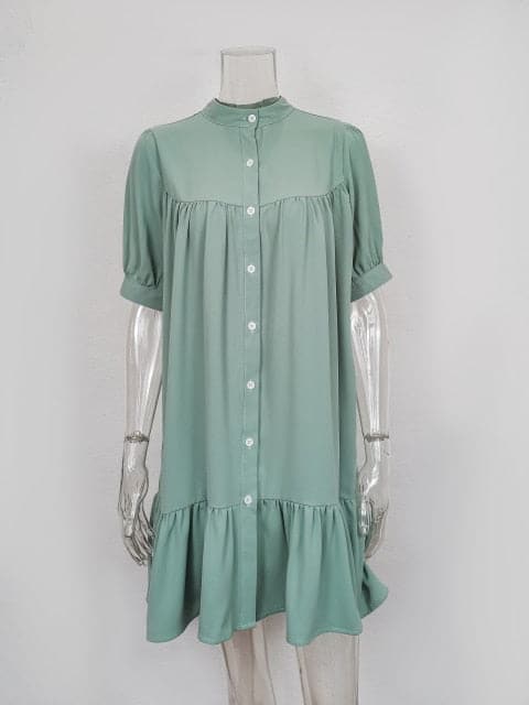 Ruffled Front Button A-line Dress Long Sleeve Stand Collar Mini Dress Autumn New Dress