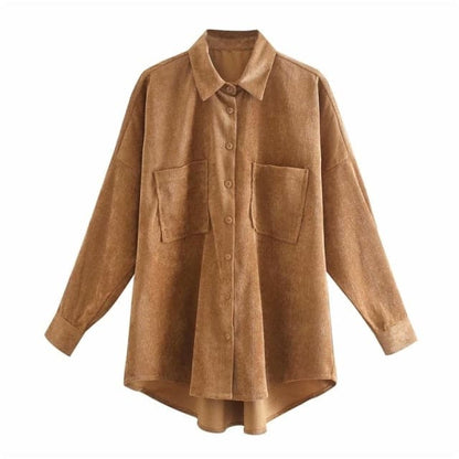 Corduroy With Pockets Loose Asymmetrical Blouses Long Sleeve Button-up Female Shirts