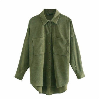 Corduroy With Pockets Loose Asymmetrical Blouses Long Sleeve Button-up Female Shirts