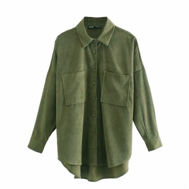 Corduroy With Pockets Loose Asymmetrical Blouses Long Sleeve Button-up Female Shirts