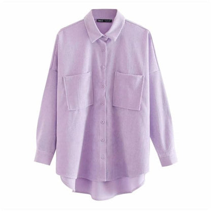 Corduroy With Pockets Loose Asymmetrical Blouses Long Sleeve Button-up Female Shirts