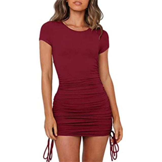 Summer Party Basic Dresses Short Sleeve Bodycon Stretch Mini Dress O Neck Slim Pencil Short