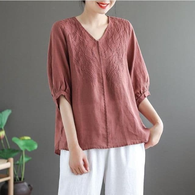 Summer Short Sleeve Embroidery Blouse Cotton Linen Shirt V Neck Loose Clothes Tops