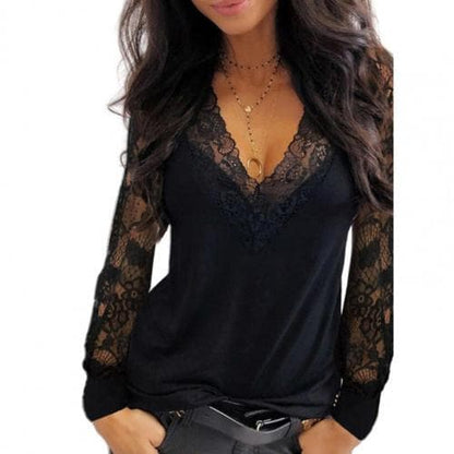 Deep V Neck Lace Trim T-shirt