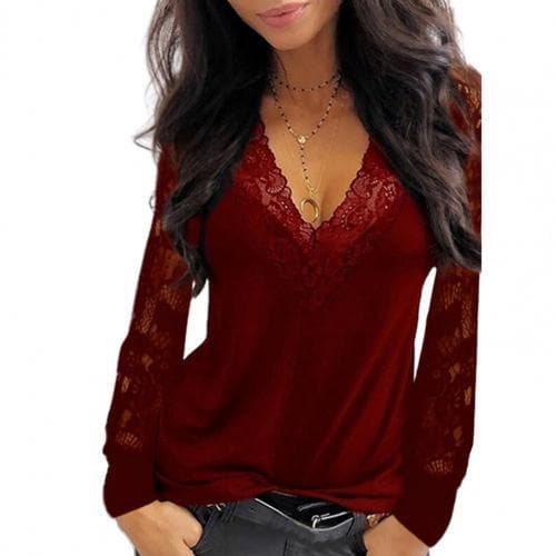Deep V Neck Lace Trim T-shirt