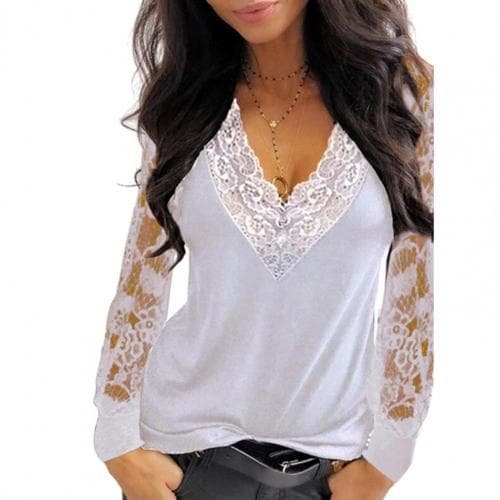 Female Tops Pullover Deep V Neck Lace Trim See Through Long Sleeve Blouse Top Blouse Blouse Shirts