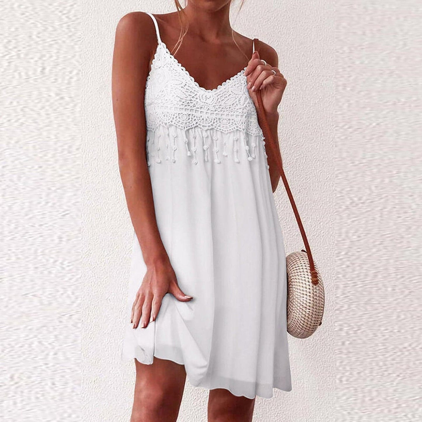 V-neck Strap Open White Lace Sleeveless Loose Mini Dress