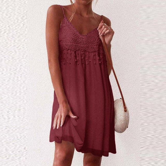 V-neck Strap Open White Lace Sleeveless Loose Mini Dress