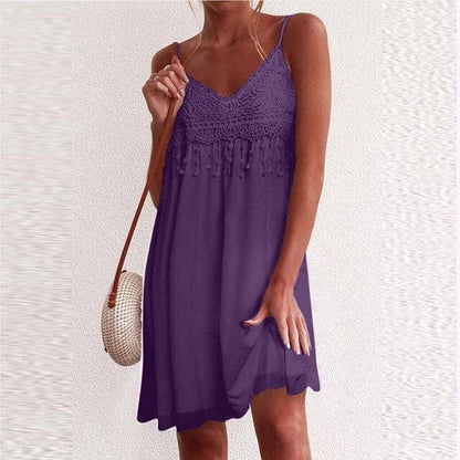 V-neck Strap Open White Lace Sleeveless Loose Mini Dress