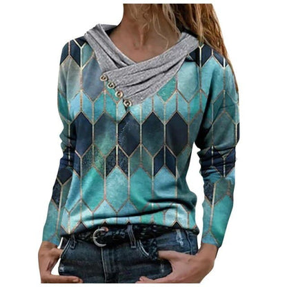 Geometric Hooded Blouse Spring Autumn Long Sleeve Tops Pullover Loose Shirts
