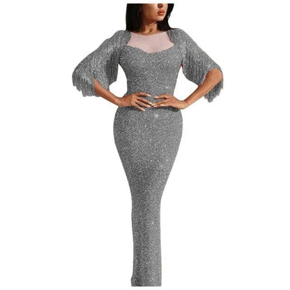 V-neck Long-sleeved Tassel Dinner Dress Bag Hip Dress Dress Long Dresses Evening