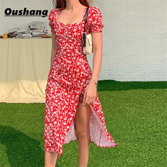 Party Dress Summer Print Square Collar Split Midi Dresses