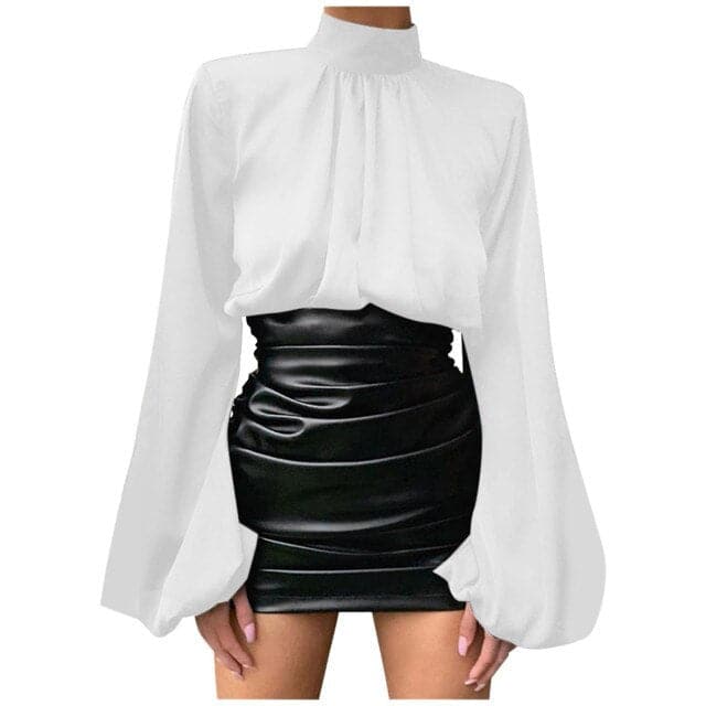 Color Satin O-neck Loose Fold Puff Long Sleeve Office Shirt Blouse Tops