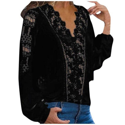Spring Shirts Colors Lace Hollow Out V-neck Long Sleeves Female Blouse Tops