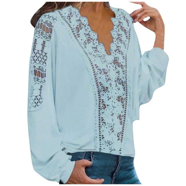 Spring Shirts Colors Lace Hollow Out V-neck Long Sleeves Female Blouse Tops