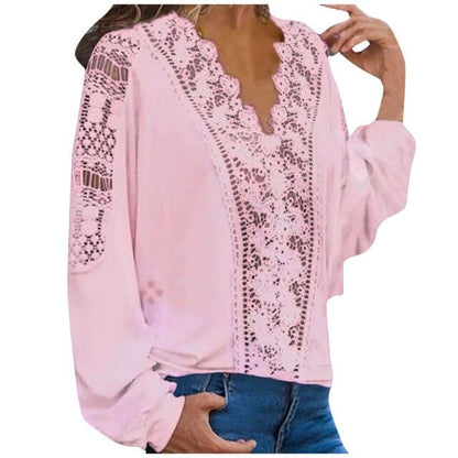Spring Shirts Colors Lace Hollow Out V-neck Long Sleeves Female Blouse Tops