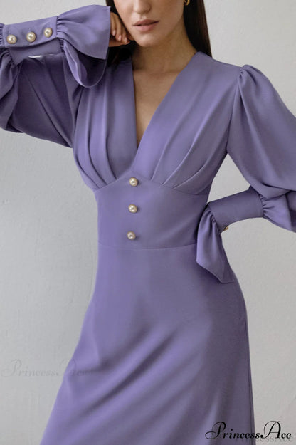 Puff Sleeve V Neck Slim Maxi Dress