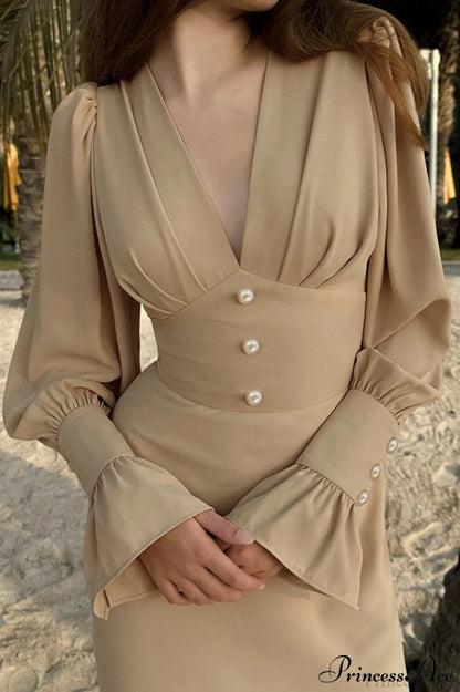 Puff Sleeve V Neck Slim Maxi Dress