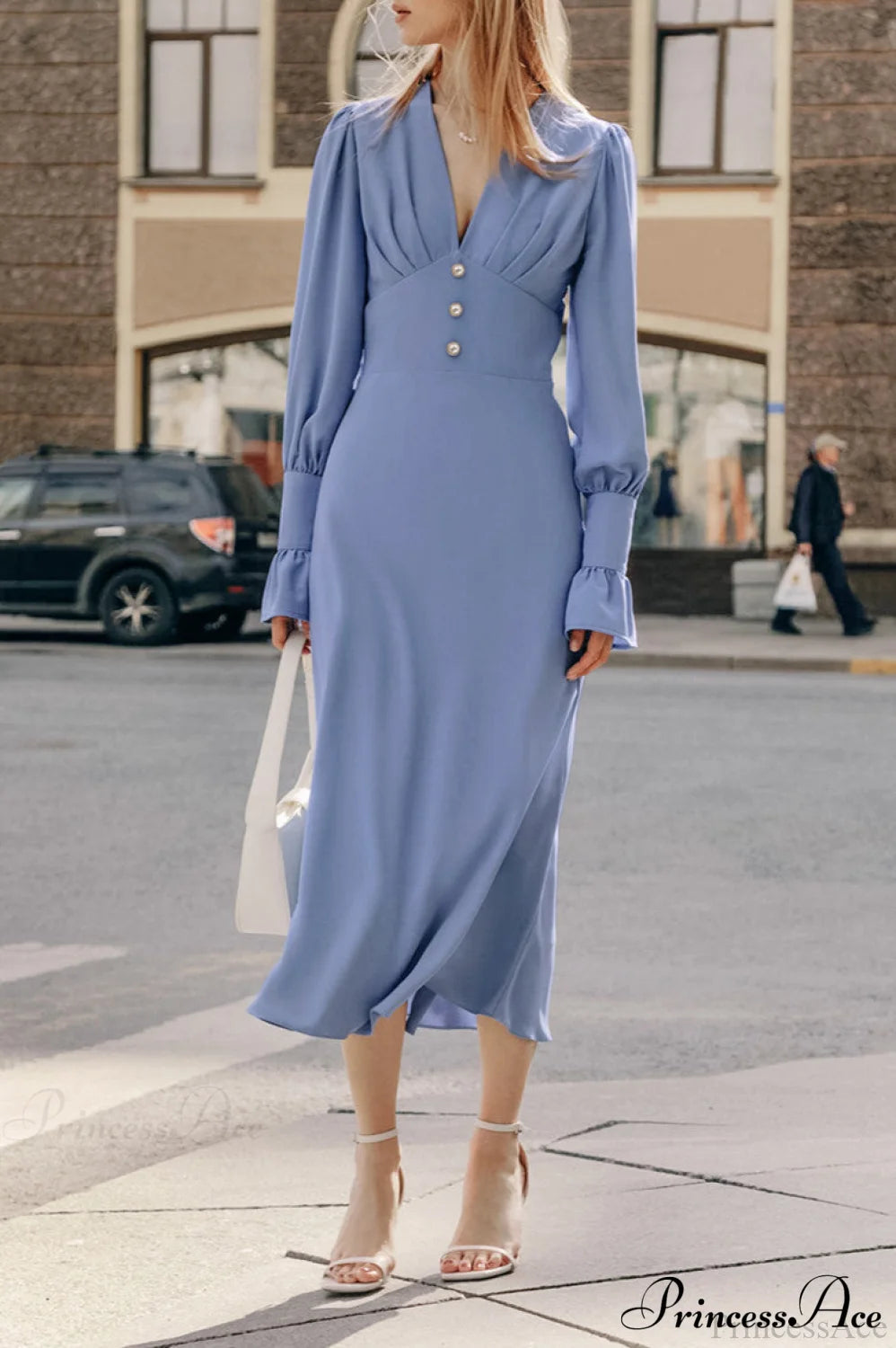 Puff Sleeve V Neck Slim Maxi Dress