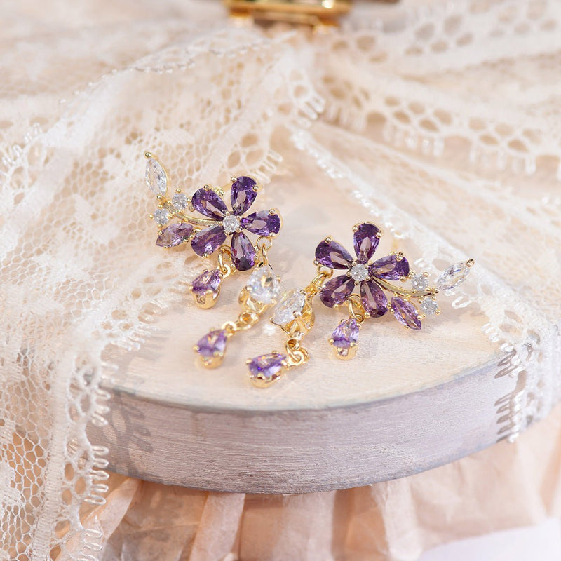 Purple Flower Drop Earrings