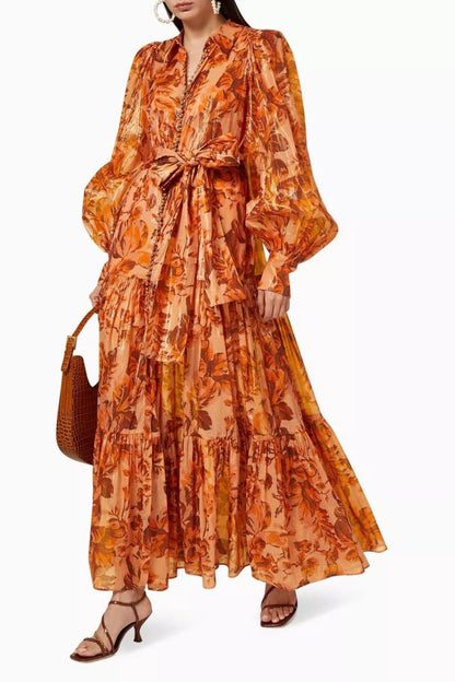 Queena Printed Balloon Sleeve Maxi Dress