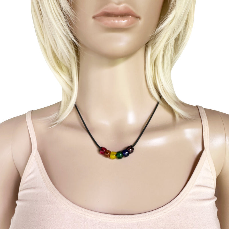 Rainbow Pride Necklace With Czech Glass Beads on Black Rubber Cord, 18 Inches