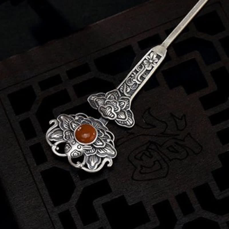 Red Agate Peony Flower Hairpin | Confidence & Calm 13.4cm