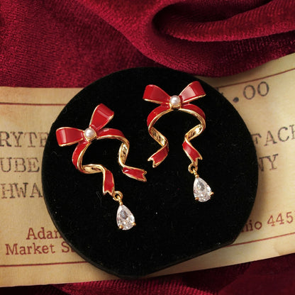 Red Bow Drop Earrings