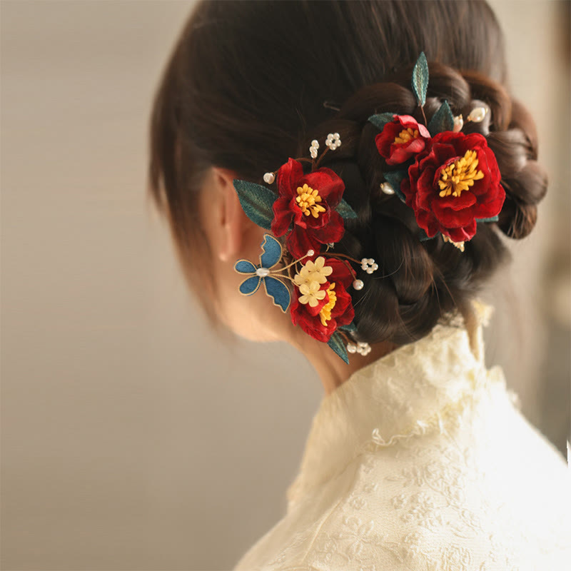 Red Camellia Butterfly Chinese Hairpin for Transformation & Hope