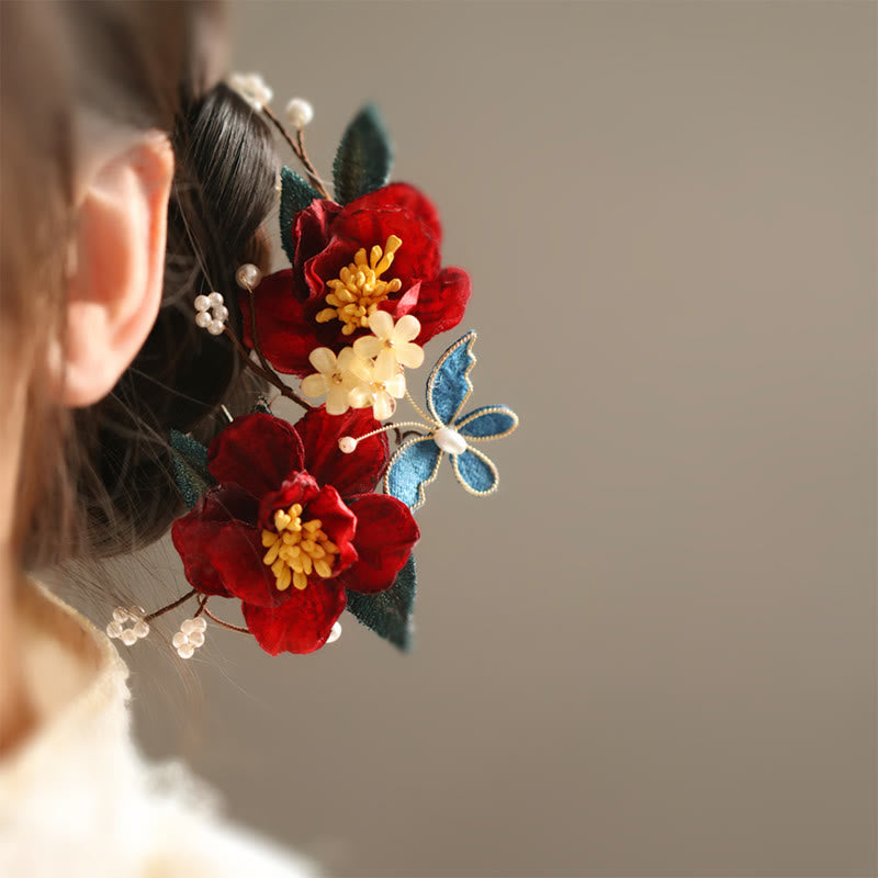 Red Camellia Butterfly Chinese Hairpin for Transformation & Hope